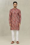 Arihant Rai Sinha_Red Soft Cotton Printed Miniature Leaf And Foil Kurta _Online_at_Aza_Fashions