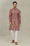 Shop_Arihant Rai Sinha_Red Soft Cotton Printed Miniature Leaf And Foil Kurta _Online_at_Aza_Fashions