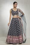 Buy_Samyukta Singhania_Blue Blouse And Lehenga Heavy Chinon Printed Floral Butti V-neck Set _at_Aza_Fashions