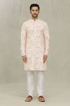 Arihant Rai Sinha_White Kurta Cotton Printed Leaf Thread Work Set _Online_at_Aza_Fashions