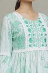 Adara Khan_Green Cotton Print Marble Round Wildflora Embroidered Yoke Tiered Tunic_at_Aza_Fashions