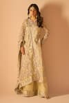 Buy_LASHKARAA_Green Net Embroidery Zari Notched Kurta Flared Pant Set_Online_at_Aza_Fashions
