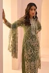 Shop_LASHKARAA_Green Net Embroidery Zari Round Mughal Kurta Palazzo Set _at_Aza_Fashions