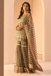 Buy_Lashkaraa_Grey Net Embroidery Thread Round Checkered Kurta Gharara Set _Online_at_Aza_Fashions