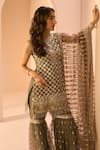Shop_Lashkaraa_Grey Net Embroidery Thread Round Checkered Kurta Gharara Set _at_Aza_Fashions