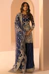 Buy_LASHKARAA_Blue Satin Embroidery Thread Round Floral Kurta Sharara Set_at_Aza_Fashions
