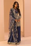 LASHKARAA_Blue Satin Embroidery Thread Round Floral Kurta Sharara Set_Online_at_Aza_Fashions