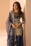 Shop_LASHKARAA_Blue Satin Embroidery Thread Round Floral Kurta Sharara Set_at_Aza_Fashions