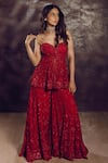 Buy_Seema Gujral_Red Net Embroidery Sequins Sweetheart Neck 3d Tunic Sharara Set For Women_at_Aza_Fashions