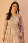 LASHKARAA_Grey Net Embroidery Thread Round Zari Anarkali Sharara Set _at_Aza_Fashions