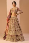 Buy_LASHKARAA_Magenta Net Embroidery Thread Leaf Neck Zari Work Lehenga Set_at_Aza_Fashions
