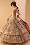 Buy_LASHKARAA_Magenta Net Embroidery Thread Leaf Neck Zari Work Lehenga Set_Online_at_Aza_Fashions