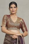 Pranay Baidya_Maroon Tissue Woven Stripe Pattern V Neck Metallic Saree Blouse _Online_at_Aza_Fashions