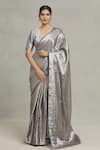 Buy_Pranay Baidya_Silver Brocade Woven Checkered Saree  _at_Aza_Fashions