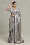 Buy_Pranay Baidya_Silver Brocade Woven Checkered Saree  _Online_at_Aza_Fashions