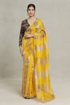 Buy_Pranay Baidya_Yellow Chanderi Woven Broad Stripe Saree  _at_Aza_Fashions