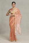 Shop_Pranay Baidya_Peach Tissue Woven Stripe Placement Saree _Online_at_Aza_Fashions