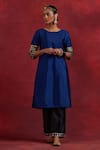 Buy_TIC_Blue Raw Silk Embroidered Gota Round Jennifer Cuff Straight Kurta _at_Aza_Fashions