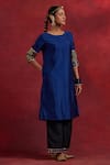 Buy_TIC_Blue Raw Silk Embroidered Gota Round Jennifer Cuff Straight Kurta _Online_at_Aza_Fashions