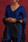 TIC_Blue Raw Silk Colourblock Gota Work V-neck Sadhna Block Kurta Pant Set _Online