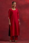 Buy_TIC_Red Raw Silk Colourblock Gota Work Round Block Kurta _Online_at_Aza_Fashions