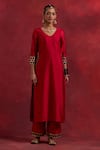 Buy_TIC_Red Raw Silk Embellished Gota Work Round Mira Vivid Kurta _Online_at_Aza_Fashions