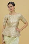 Samyukta Singhania_Beige Embroidery Round Neck Geometric Woven Peplum Blouse _Online_at_Aza_Fashions