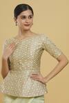 Buy_Samyukta Singhania_Beige Embroidery Round Neck Geometric Woven Peplum Blouse _Online_at_Aza_Fashions