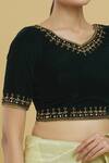 Buy_Samyukta Singhania_Green Velvet, Linen Sequins, Zari V-neck Embroidered Blouse_Online_at_Aza_Fashions
