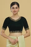 Shop_Samyukta Singhania_Green Velvet, Linen Sequins, Zari V-neck Embroidered Blouse_Online_at_Aza_Fashions