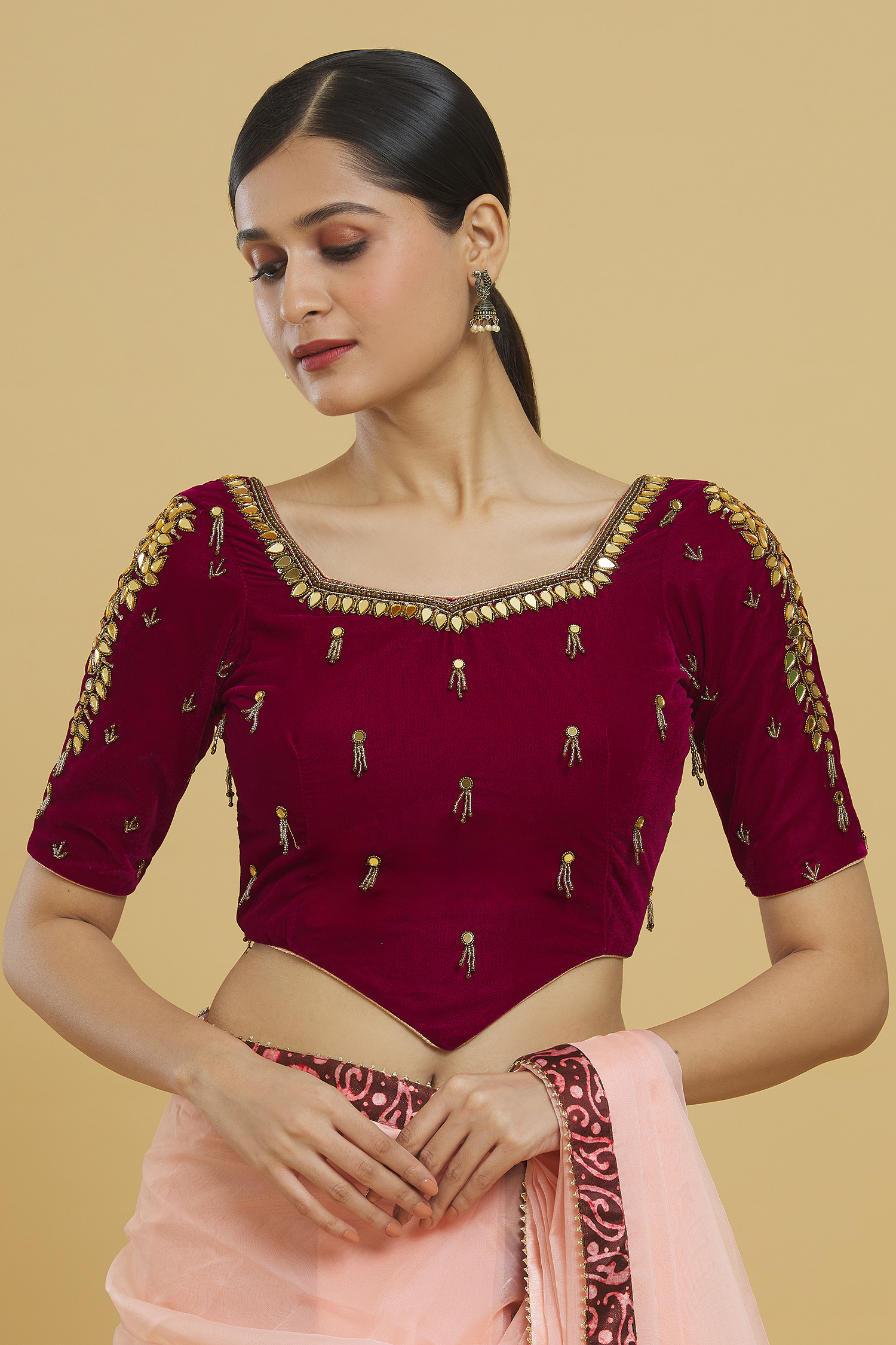 Samyukta Singhania Magenta Velvet, Linen Beads, Mirrors V-neck Embroidered Blouse Online at Aza Fashions Samyukta Singhania_Magenta Velvet, Linen Beads, Mirrors V-neck Embroidered Blouse_Online_at_Aza_Fashions