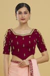 Samyukta Singhania Magenta Velvet, Linen Beads, Mirrors V-neck Embroidered Blouse at Aza Fashions Samyukta Singhania_Magenta Velvet, Linen Beads, Mirrors V-neck Embroidered Blouse_at_Aza_Fashions