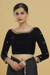 Buy_Samyukta Singhania_Blue Velvet Embroidered Mirrorwork Round Neck Bead Blouse _at_Aza_Fashions