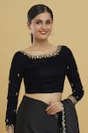 Buy_Samyukta Singhania_Blue Velvet Embroidered Mirrorwork Round Neck Bead Blouse _Online_at_Aza_Fashions