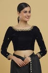 Shop_Samyukta Singhania_Blue Velvet Embroidered Mirrorwork Round Neck Bead Blouse _Online_at_Aza_Fashions