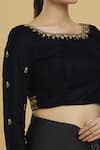 Samyukta Singhania_Blue Velvet Embroidered Mirrorwork Round Neck Bead Blouse _at_Aza_Fashions