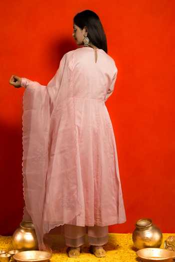 Shop_Mithi Supari_Pink Pure Silk Chanderi Embroidered Resham Round Floral Anarkali Set _at_Aza_Fashions