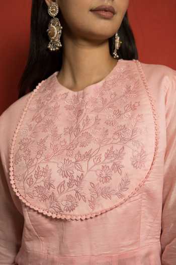 Shop_Mithi Supari_Pink Pure Silk Chanderi Embroidered Resham Round Floral Anarkali Set _Online_at_Aza_Fashions