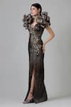 Buy_Geisha Designs_Black Polyester Hand Embroidered Floral Deep V Neck Sera Gown  _Online_at_Aza_Fashions