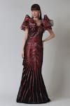 Buy_Geisha Designs_Wine Polyester Hand Embroidered Sequins Rebekah Overlapped Panel Gown  _at_Aza_Fashions