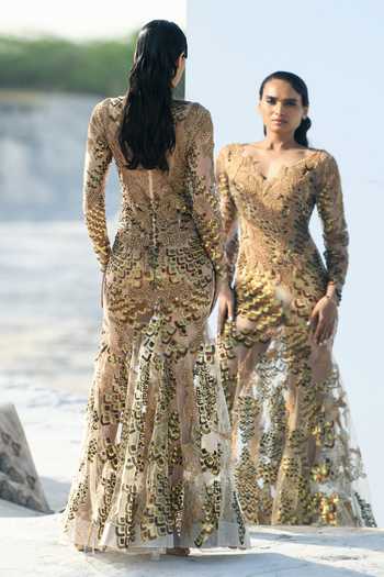 Shop_Geisha Designs_Gold Nylon Hand Embroidered Beads V Neck Haven And Pearls Gown  _at_Aza_Fashions