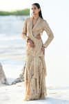 Buy_Geisha Designs_Gold Nylon Hand Embroidered Sequins Shawl Nori Jacket And Skirt Set  _at_Aza_Fashions