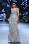 Buy_Geisha Designs_Grey Nylon Embroidery Sequin Asymmetric Lilou Gown  _at_Aza_Fashions