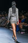 Shop_Geisha Designs_Grey Nylon Embroidered Crystal Notched Stardelle Blazer And Skirt Set _at_Aza_Fashions