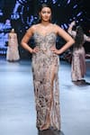 Buy_Geisha Designs_Beige Nylon Embroidery Sequin V Neck Silviana Crystal Gown _at_Aza_Fashions