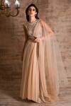 Buy_Geisha Designs_Beige Nylon Embroidered Mirrorwork Round Serin Layered Gown  _at_Aza_Fashions