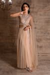 Geisha Designs_Beige Nylon Embroidered Mirrorwork Round Serin Layered Gown  _at_Aza_Fashions