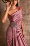 Geisha Designs_Pink Polyester Embroidered 3-d Applique One Delnaz Draped Gown  _Online_at_Aza_Fashions