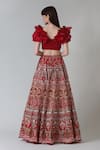 Shop Geisha Designs Red Polyester, Viscose Raisa Persian Bird Era Lehenga With Ruffled Blouse at Aza Fashions Shop_Geisha Designs_Red Polyester, Viscose Raisa Persian Bird Era Lehenga With Ruffled Blouse _at_Aza_Fashions