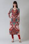 Buy_Geisha Designs_Red Viscose, Silk Mirrors, Beads Aaima Damask Art Print Embellished Kurta Set _at_Aza_Fashions